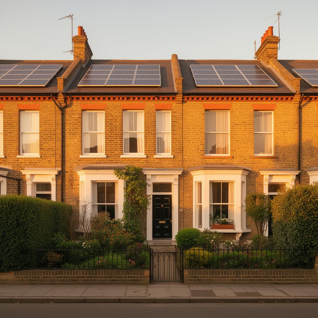A sunlit British terraced home with rooftop solar panels
