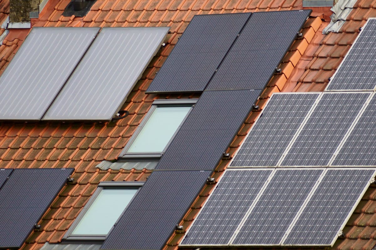 Solar panel array on residential property roof