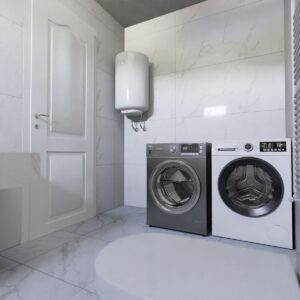 Hot water heater tank in a home utility room